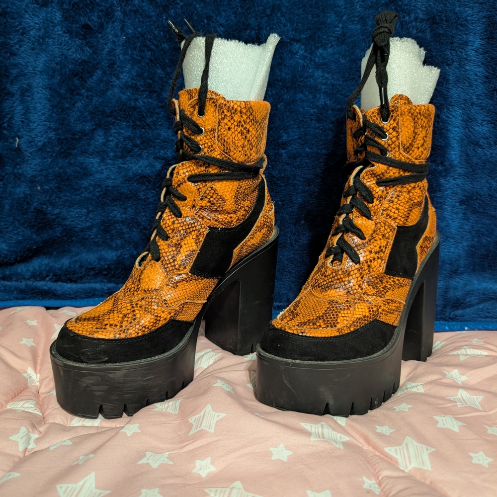 Chunky Platform Lace-Up Boots - Orange and Black - Picture 2 of 7